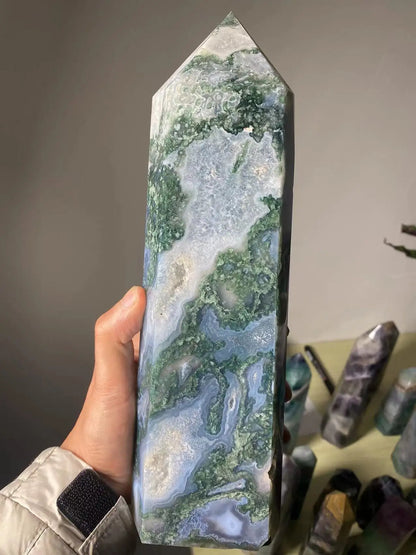 Natural Moss Agate Crystal Tower