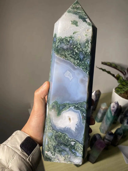 Natural Moss Agate Crystal Tower